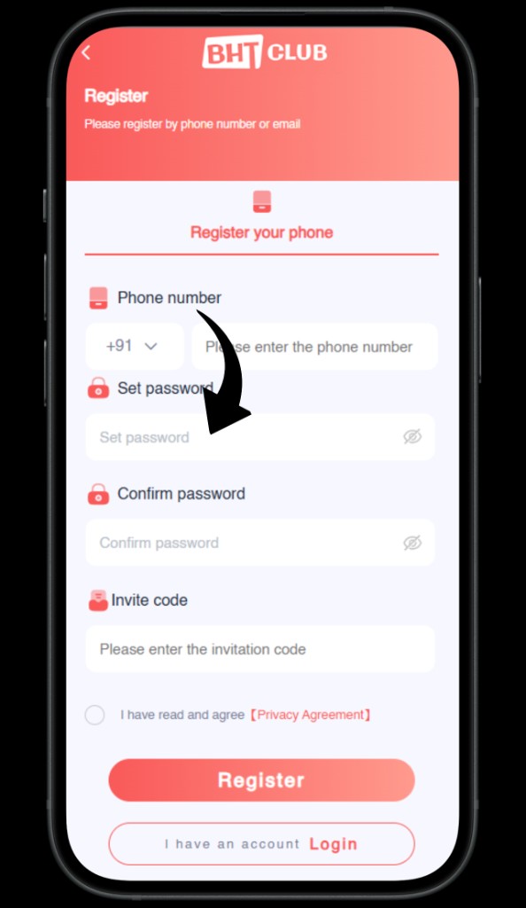 Set and confirm password fields on the register screen.