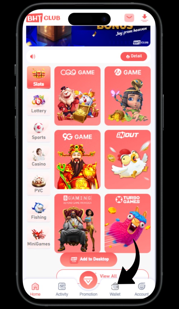 BHT Club home screen with bottom navigation — tap Wallet.