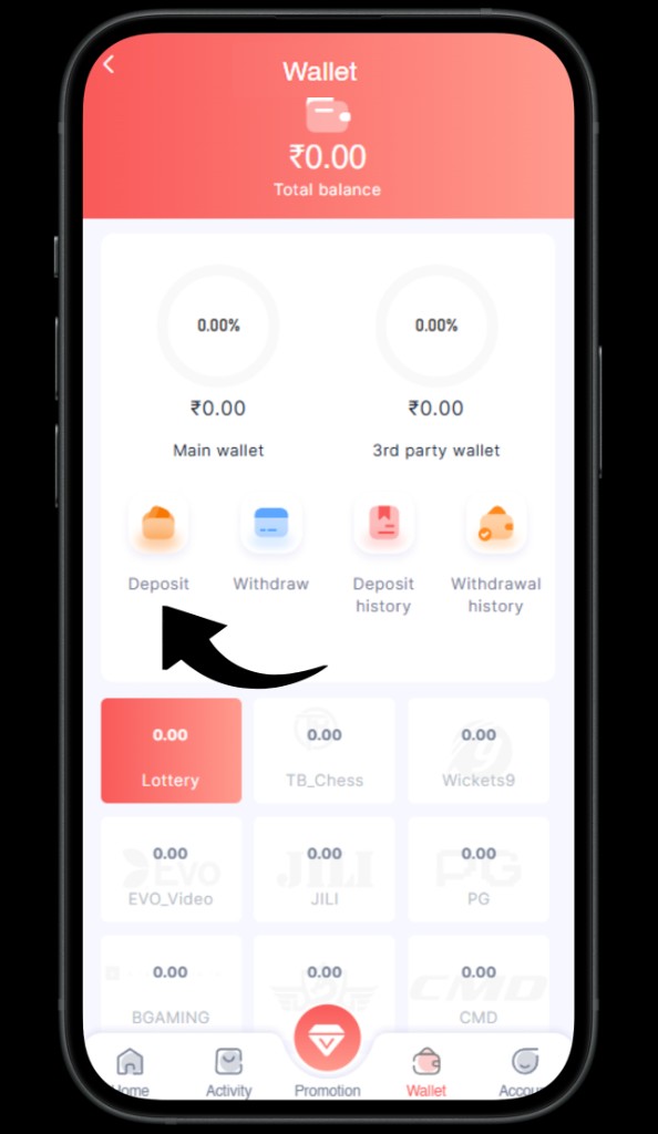 BHT Club Wallet screen — tap Deposit.