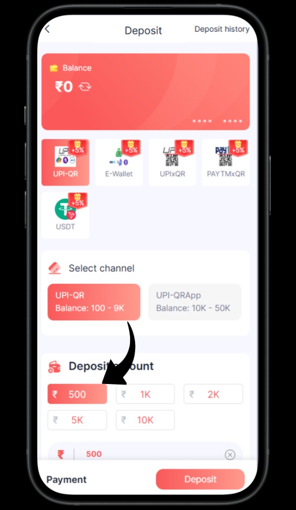 BHT Club Deposit screen — choose amount and channel.