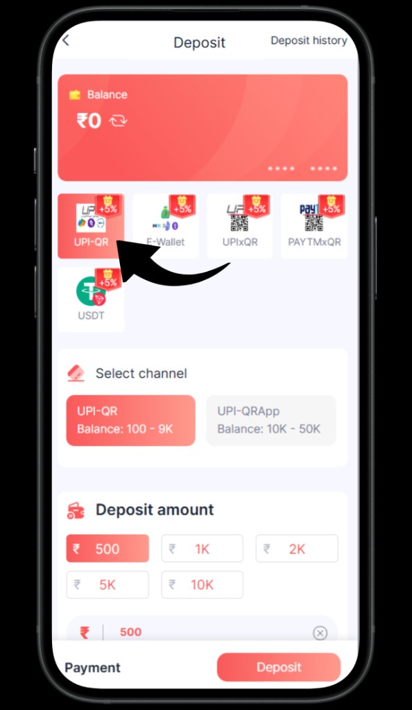 BHT Club Deposit screen — select payment method such as UPI-QR.