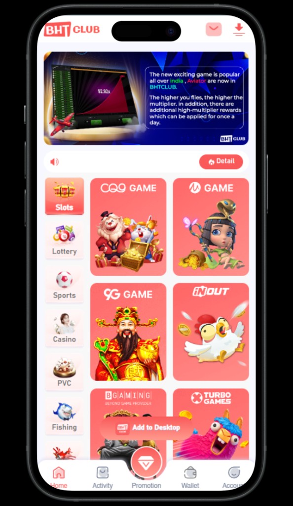 BHT Club official website open on a phone — home screen with games and navigation.
