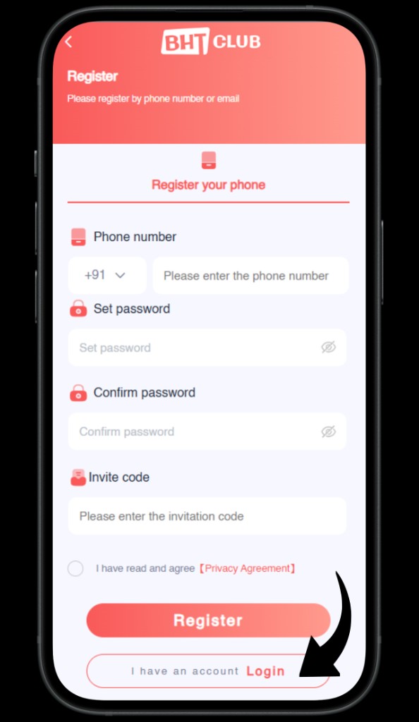 BHT Club register screen showing the Login link for existing users.