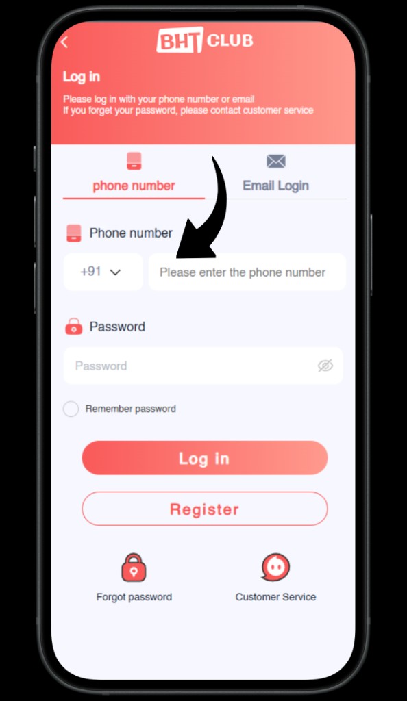 BHT Club log in screen — enter registered phone number.