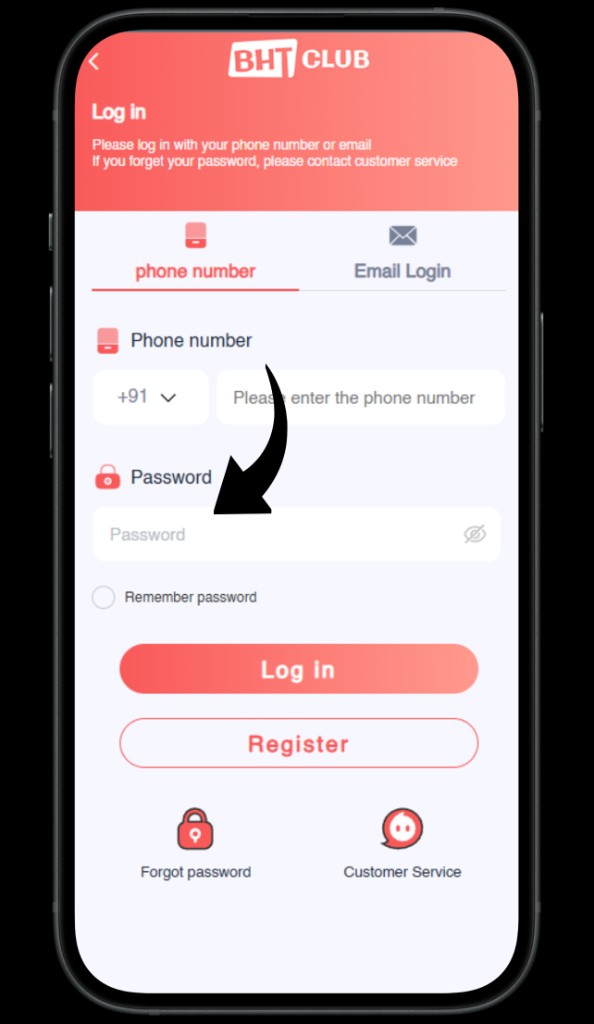 BHT Club log in screen — password field.
