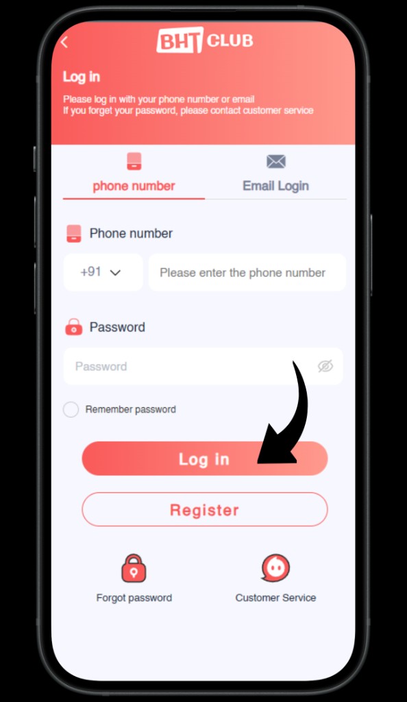 BHT Club log in screen — Log in button.