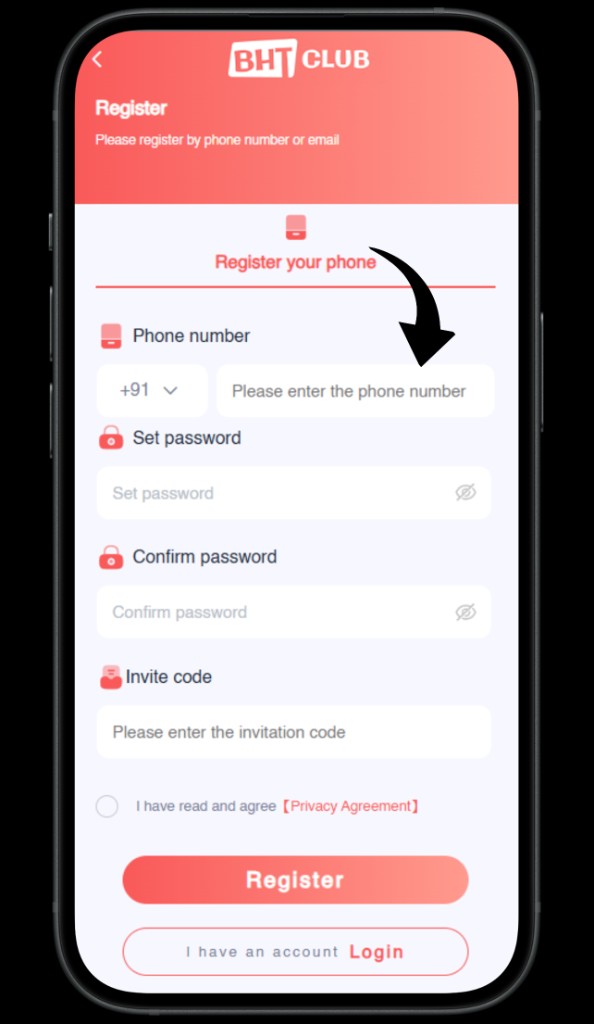 Registration form — enter mobile number with country code.