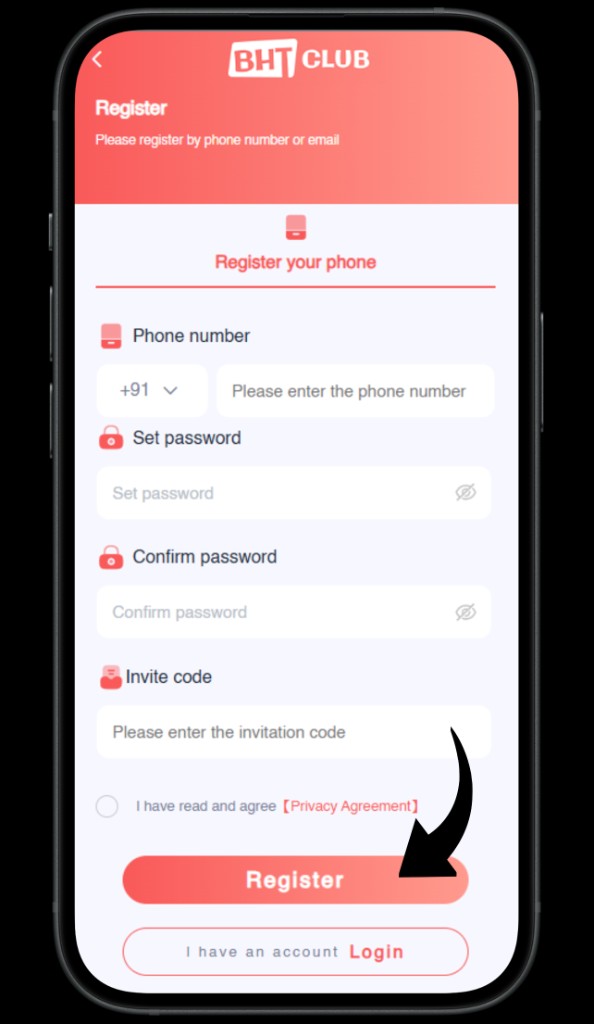 Red Register button on the BHT Club sign-up screen.