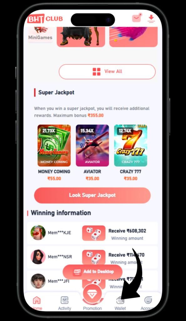 BHT Club home screen — open Wallet from the bottom bar.