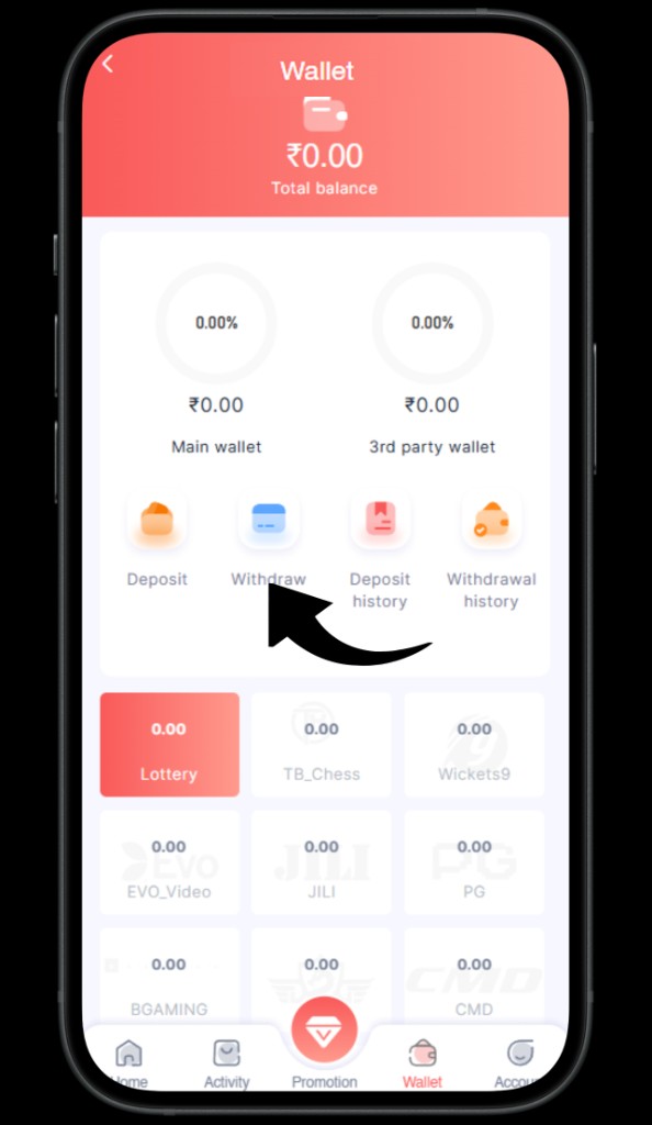 BHT Club Wallet screen — tap Withdraw.