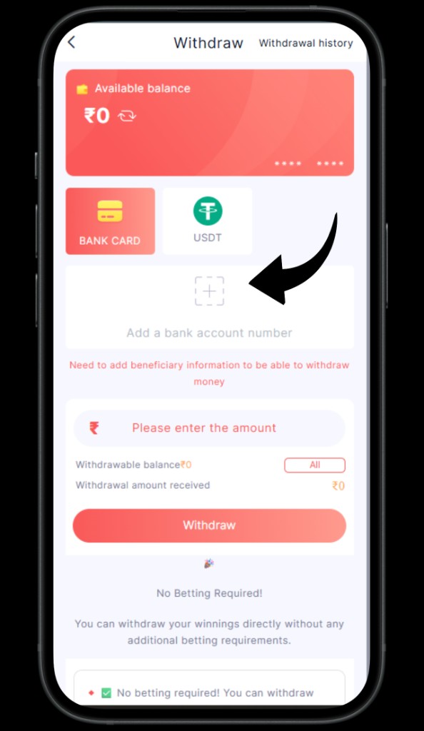 BHT Club Withdraw screen — add bank account or UPI.